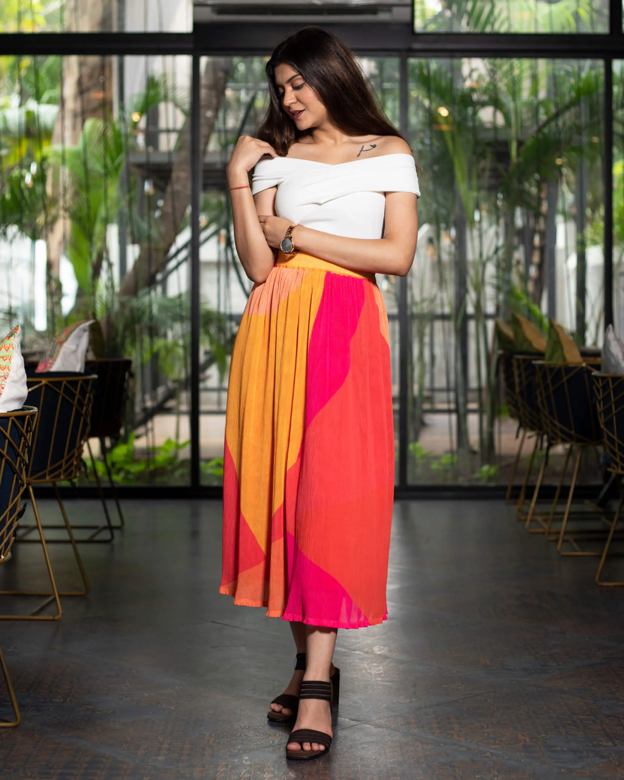 Abstract Pleated Midi Skirt