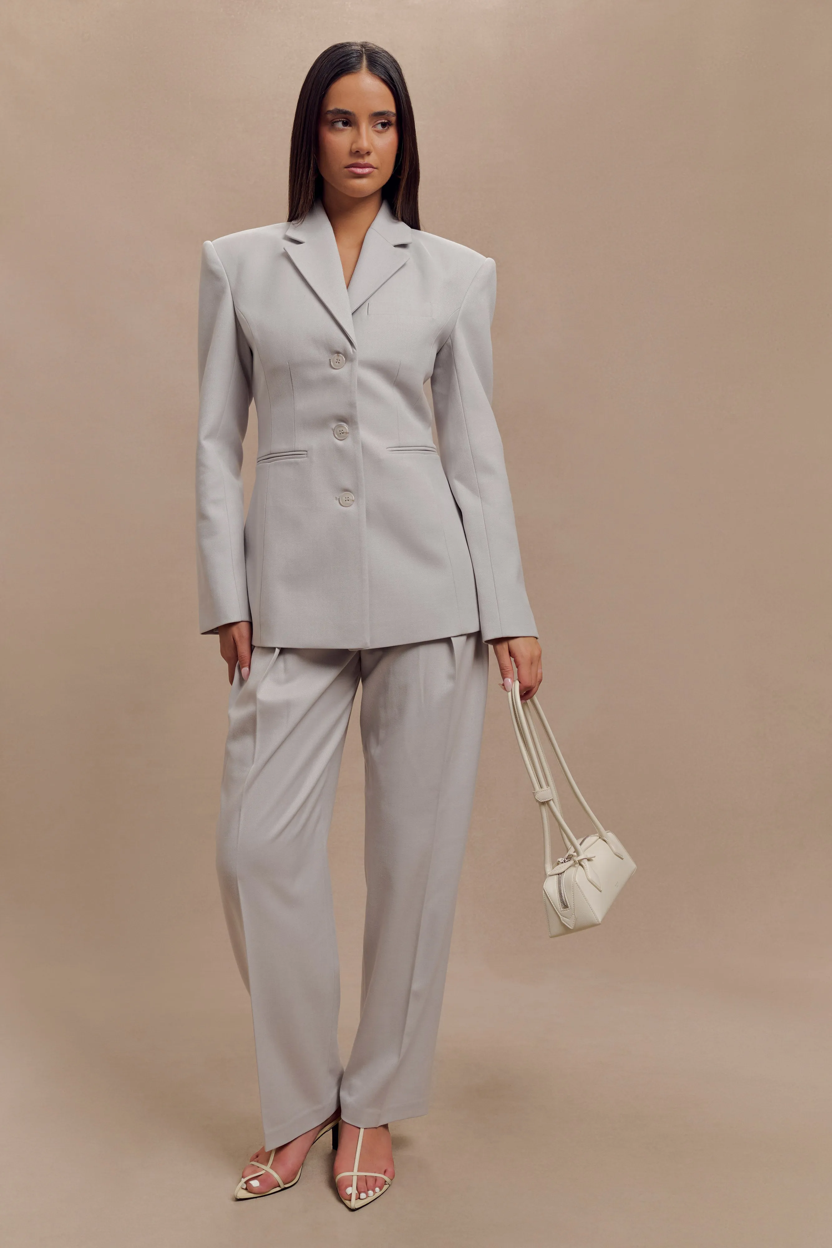 Stylish Grey Cinched Blazer for a Tailored Look