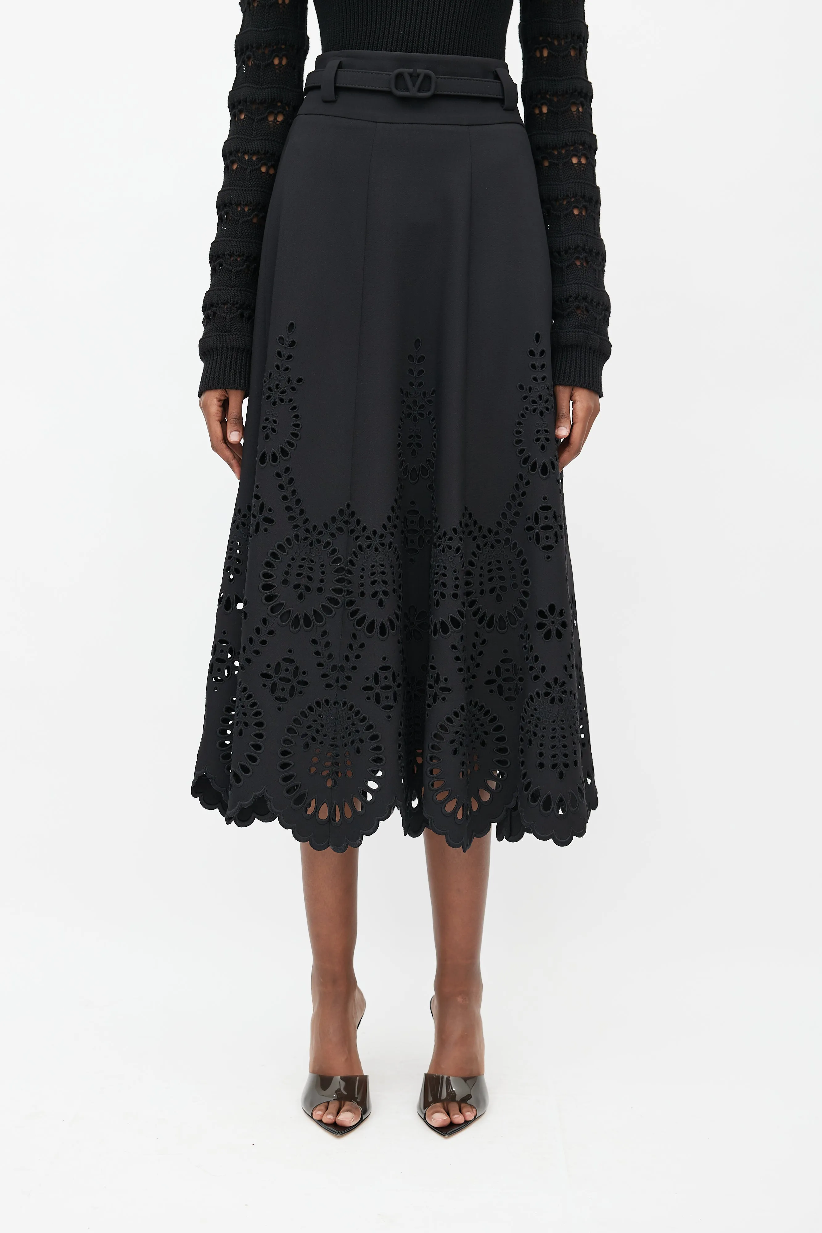 Black Eyelet VLogo Belted Maxi Skirt