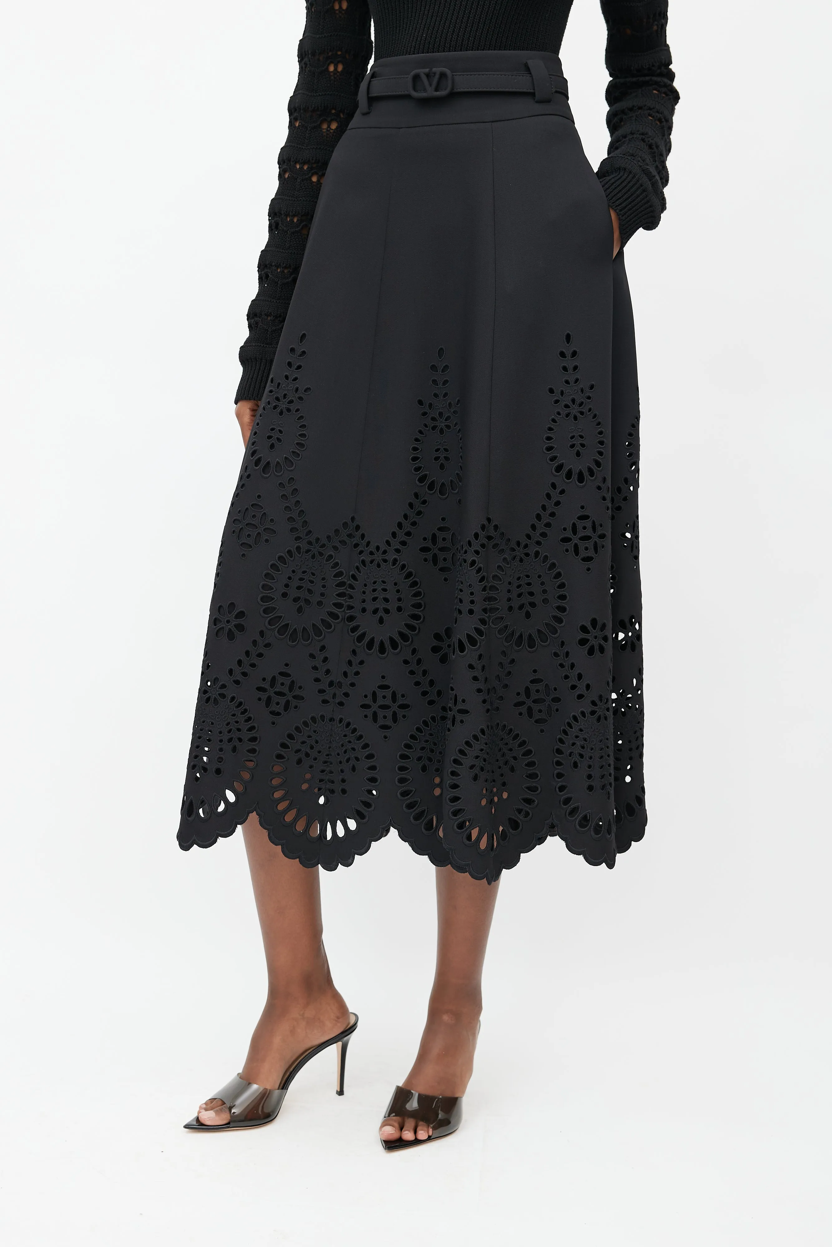 Black Eyelet VLogo Belted Maxi Skirt