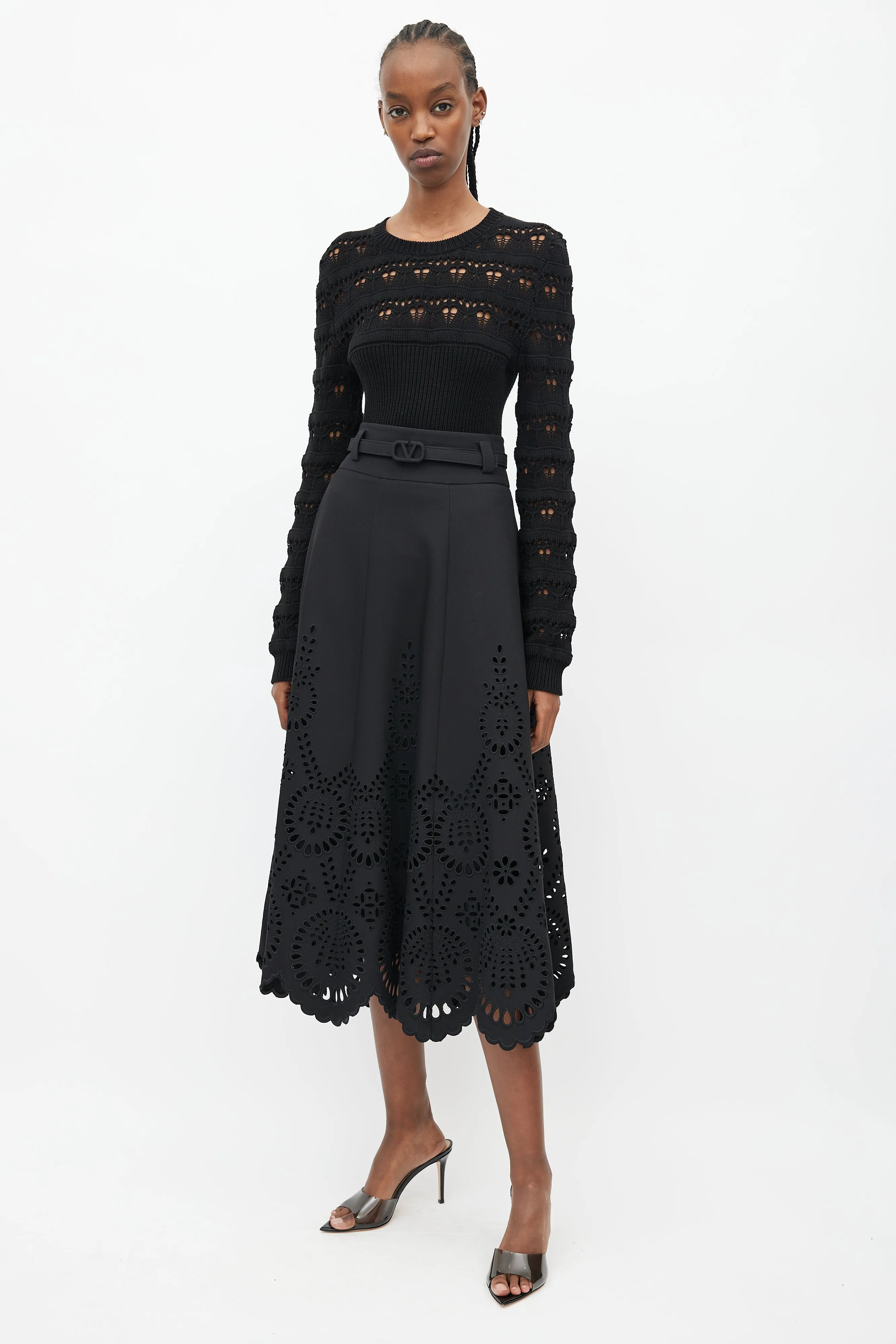 Black Eyelet VLogo Belted Maxi Skirt