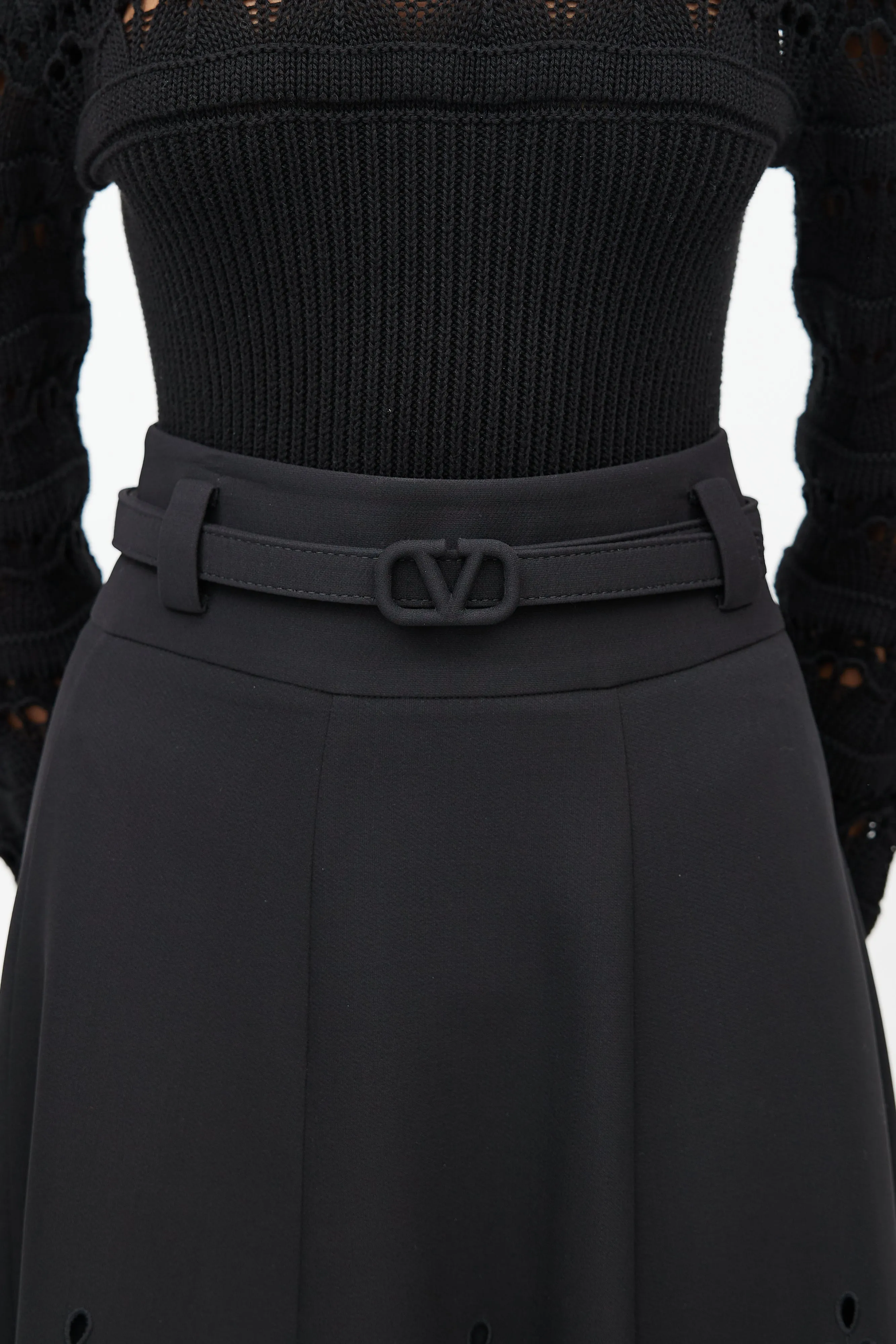 Black Eyelet VLogo Belted Maxi Skirt