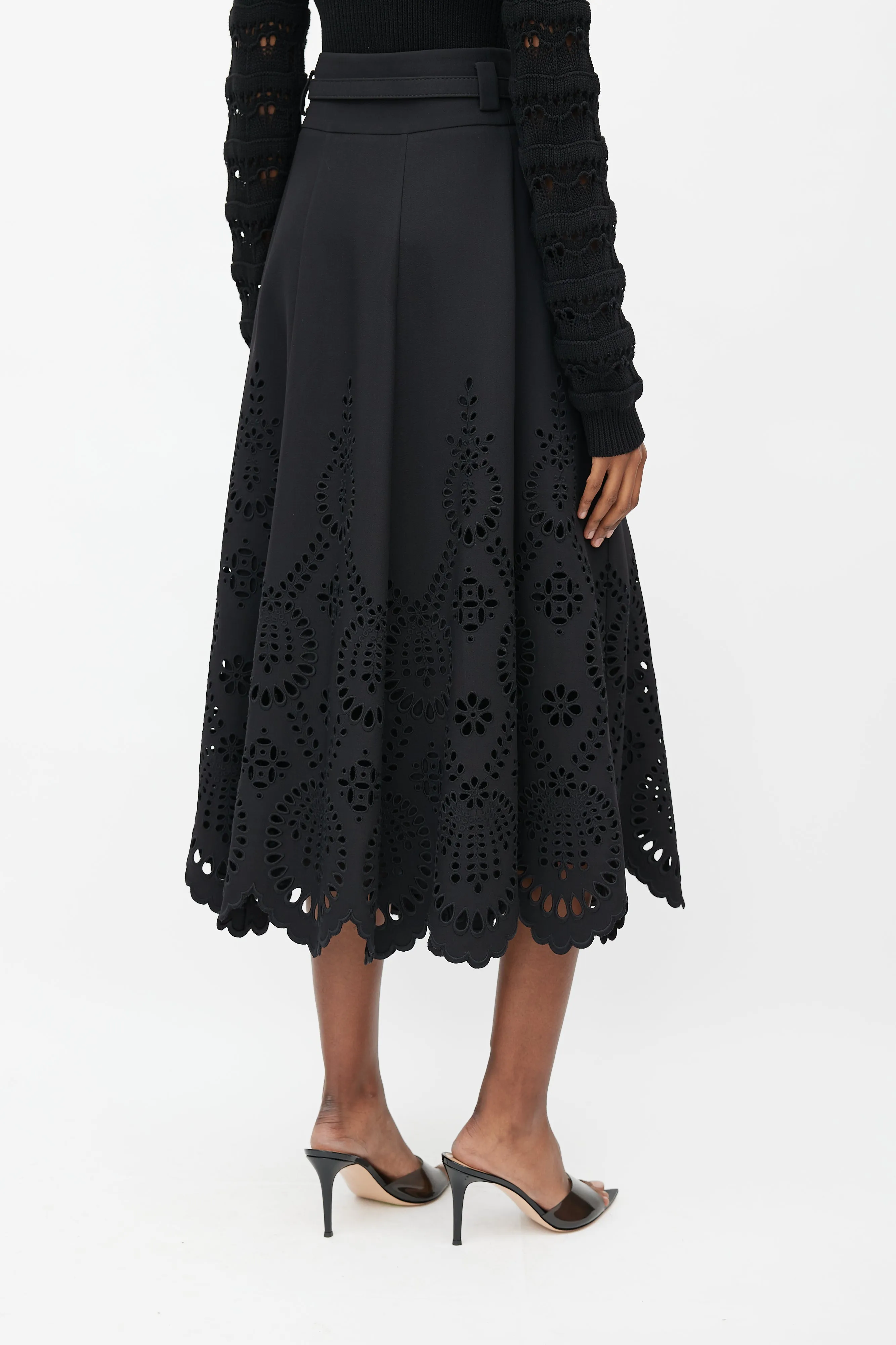 Black Eyelet VLogo Belted Maxi Skirt