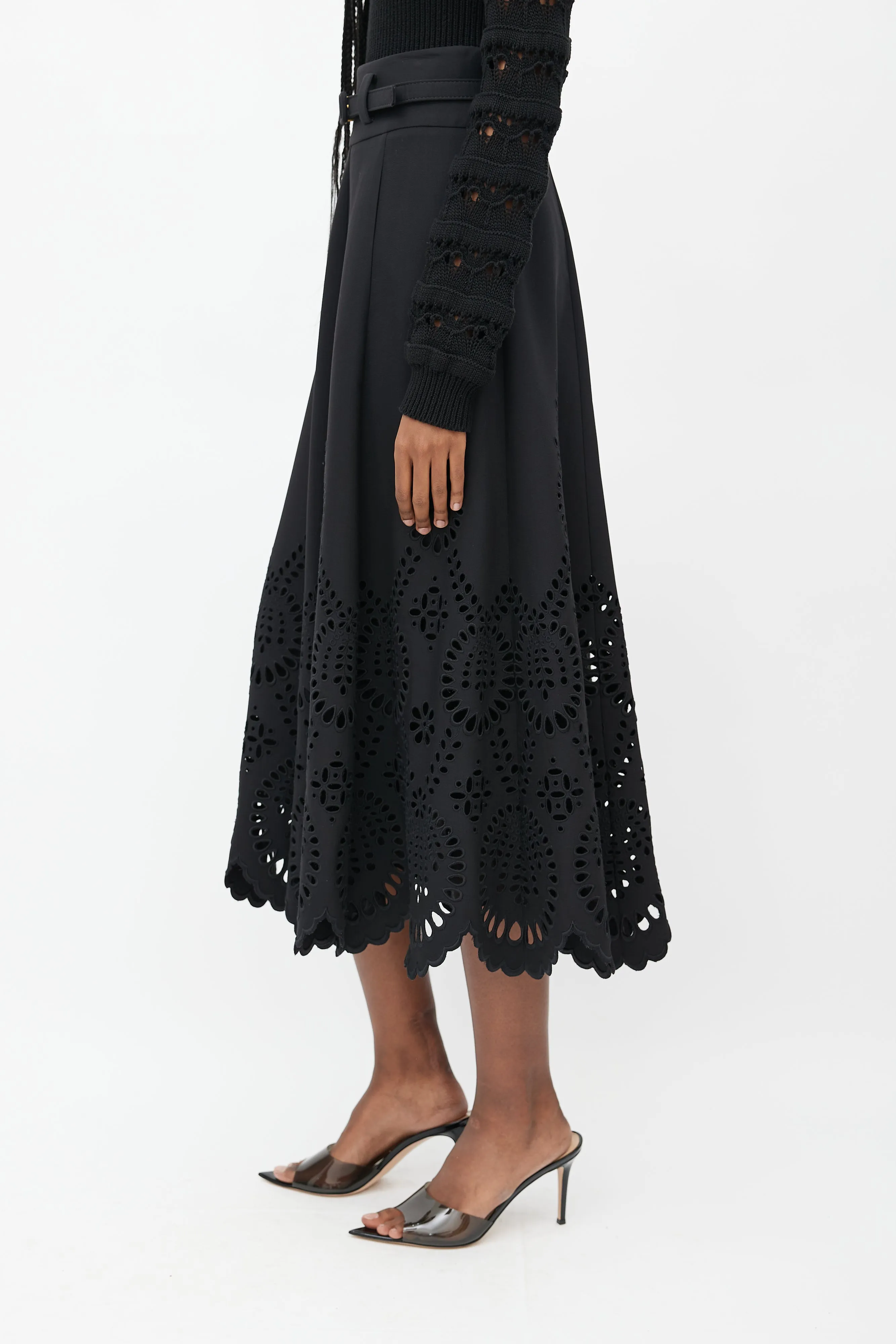 Black Eyelet VLogo Belted Maxi Skirt