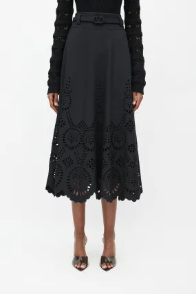 Black Eyelet VLogo Belted Maxi Skirt