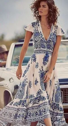 Bluebird Print Boho Maxi Dress with Flutter Sleeves and Crochet Birds of Paradise – Hotel Paradiso Design, Available in Small, Medium, Large, and XL