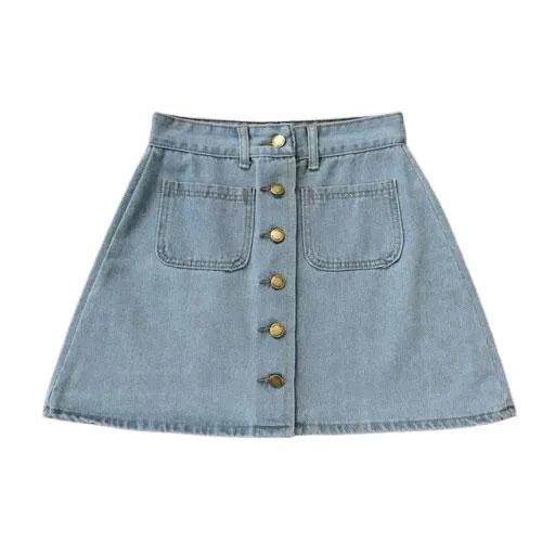 Button A-line High Waist Mini Denim Skirt
