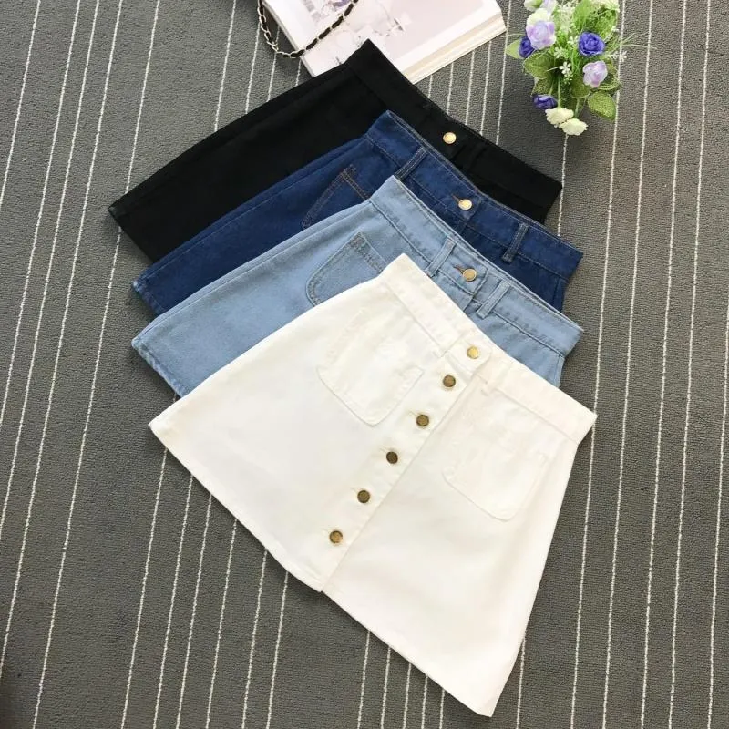 Button A-line High Waist Mini Denim Skirt