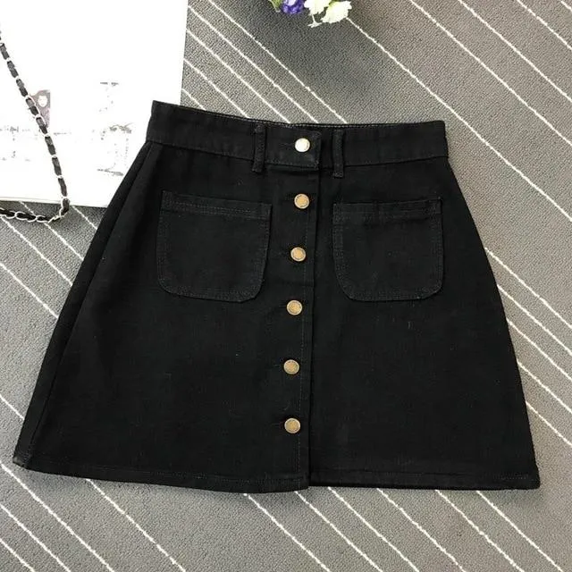 Button A-line High Waist Mini Denim Skirt