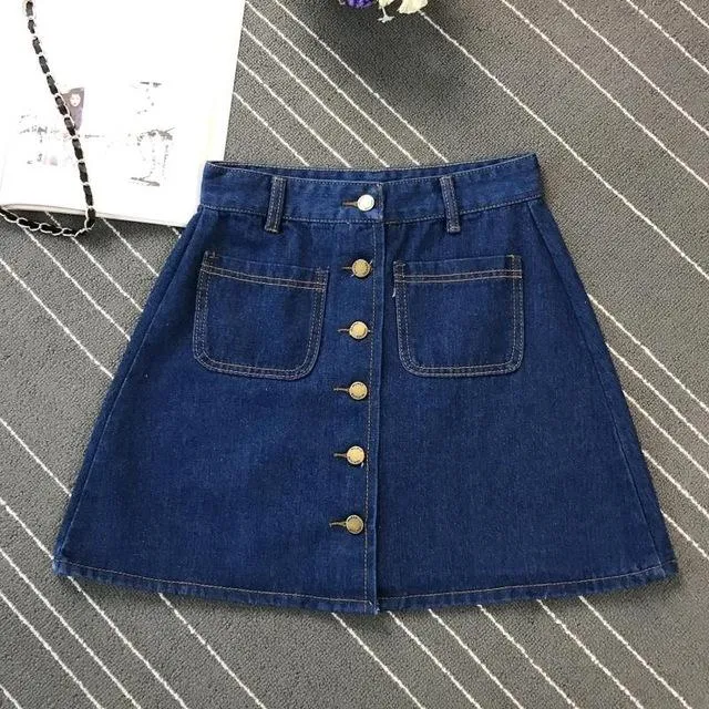 Button A-line High Waist Mini Denim Skirt