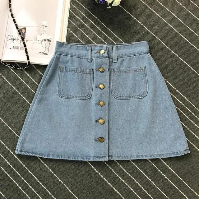 Button A-line High Waist Mini Denim Skirt