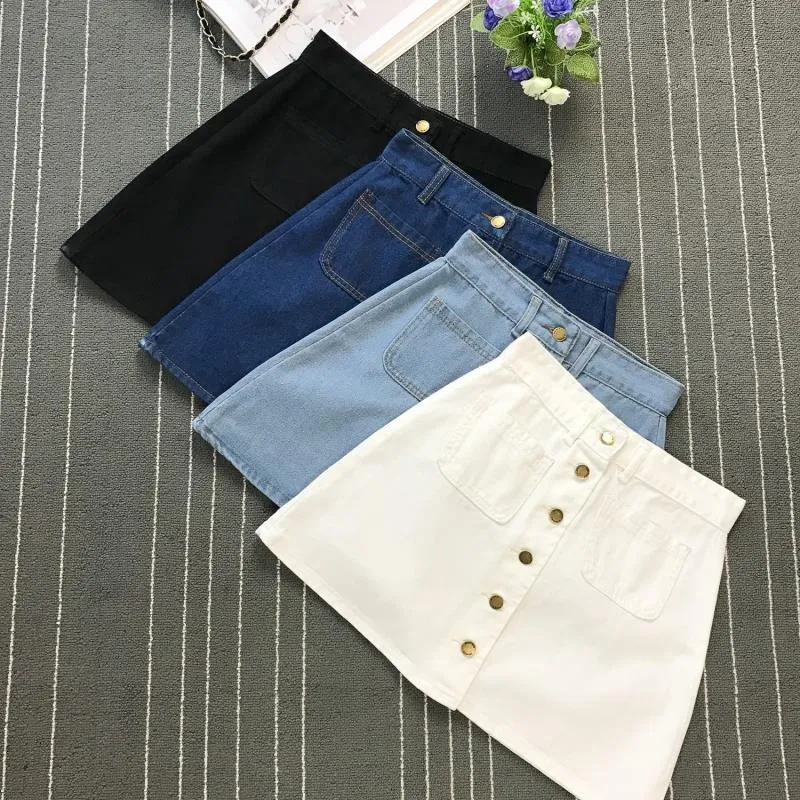 Button A-line High Waist Mini Denim Skirt