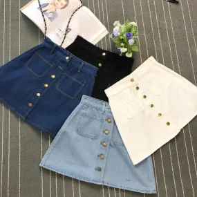 Button A-line High Waist Mini Denim Skirt
