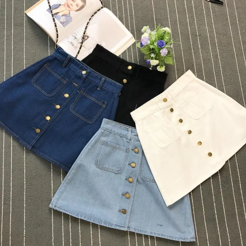 Button A-line High Waist Mini Denim Skirt