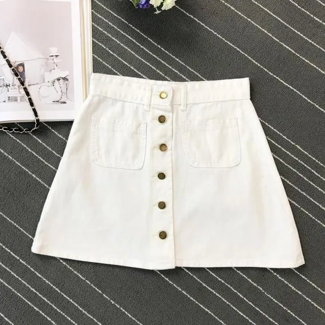 Button A-line High Waist Mini Denim Skirt