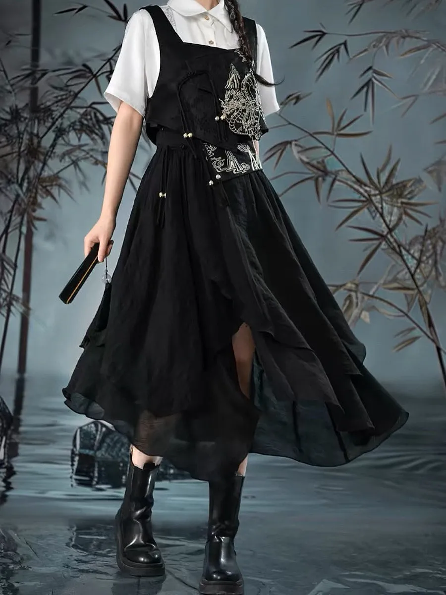 Cloud Dragon Chinese Style Layered Midi Skirt