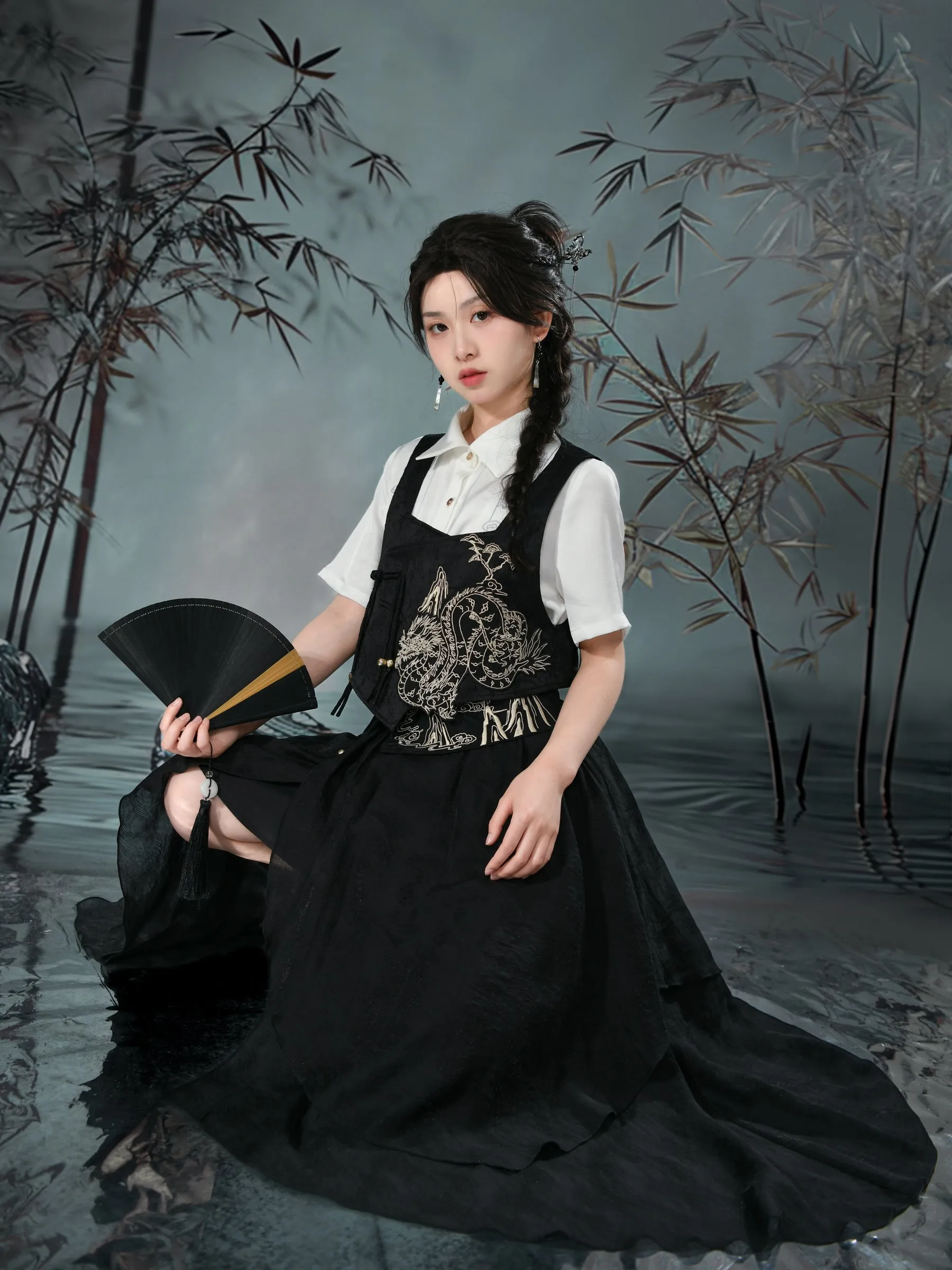 Cloud Dragon Chinese Style Layered Midi Skirt
