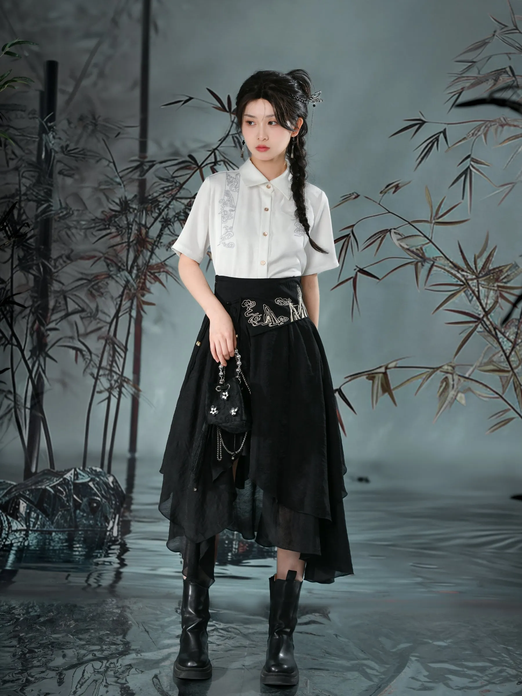 Cloud Dragon Chinese Style Layered Midi Skirt