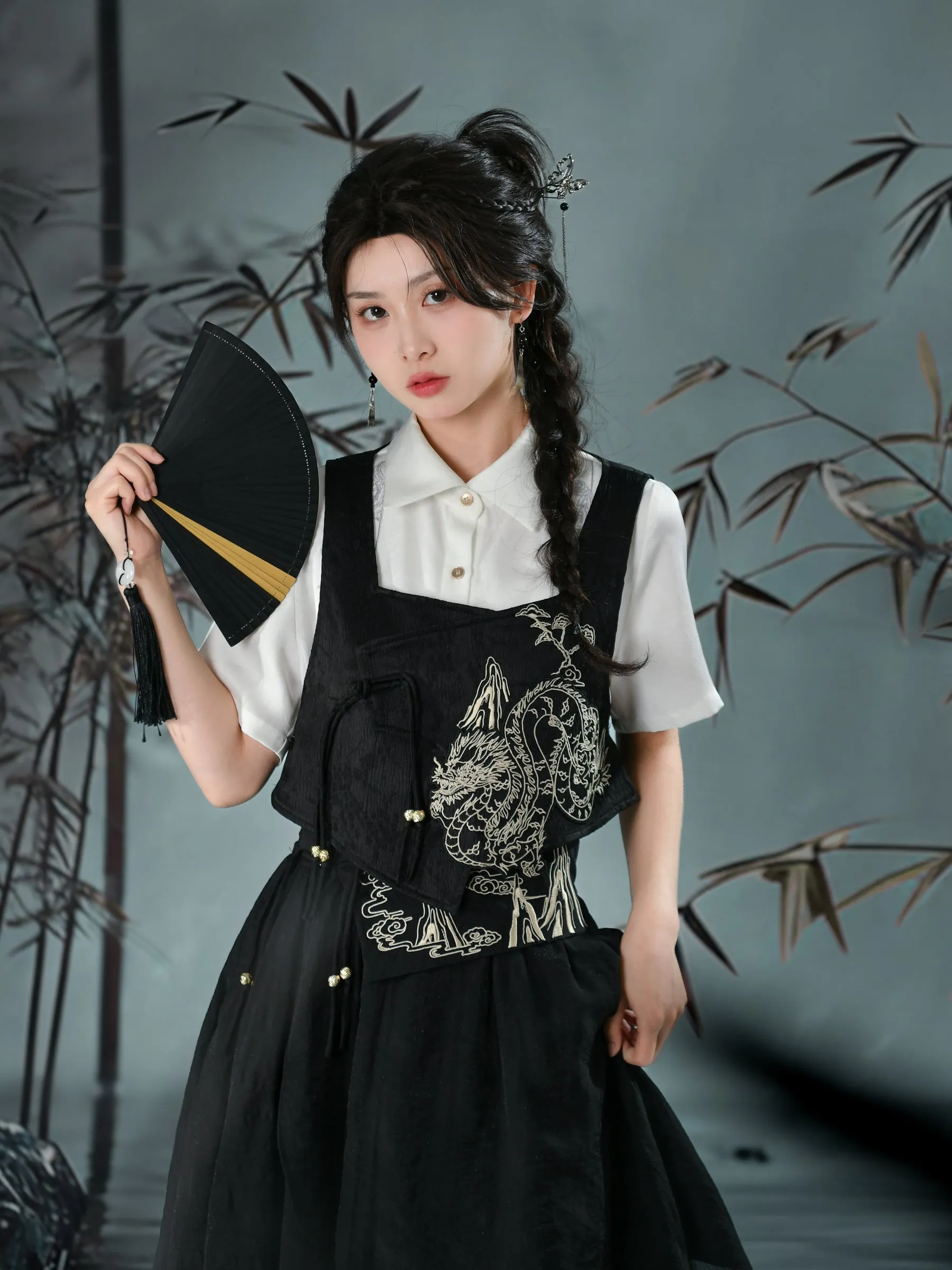 Cloud Dragon Chinese Style Layered Midi Skirt