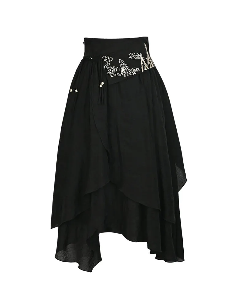 Cloud Dragon Chinese Style Layered Midi Skirt