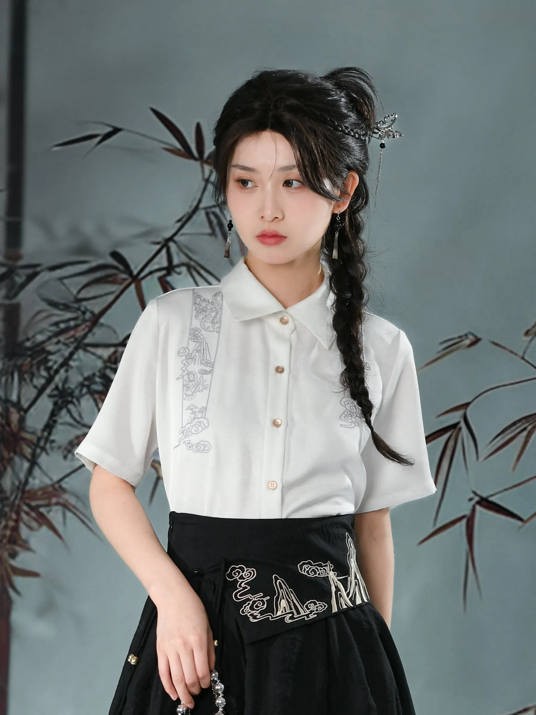 Cloud Dragon Chinese Style Layered Midi Skirt