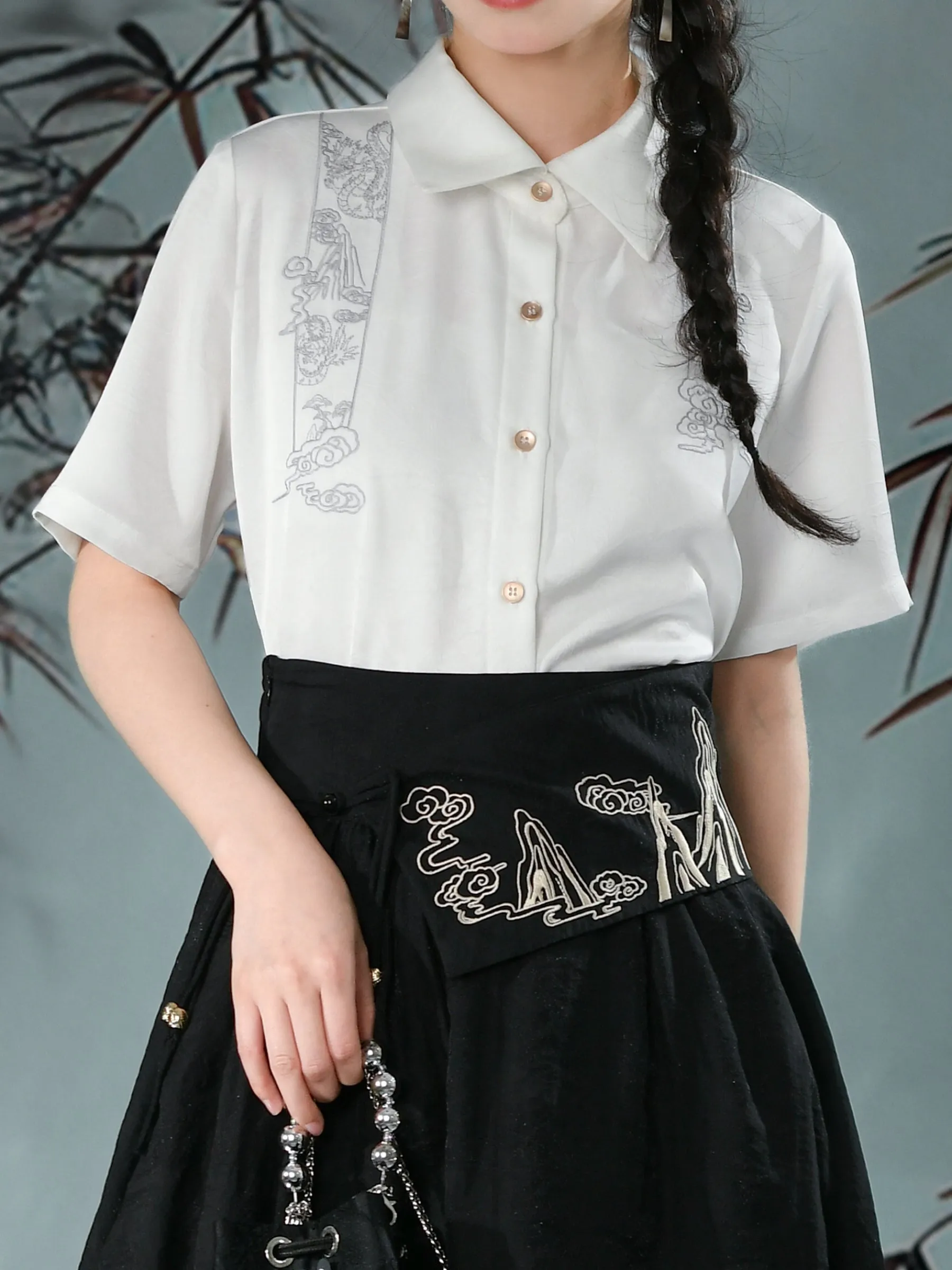 Cloud Dragon Chinese Style Layered Midi Skirt