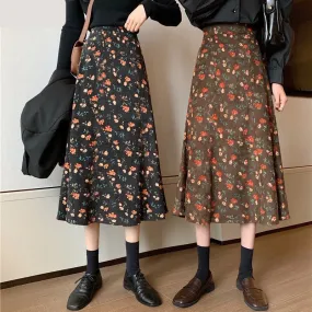 Corduroy Skirts Women Autumn Winter Mid-calf Faldas Floral A-line Student Baggy Elegant Vintage Korean Preppy Style Elegant Ins