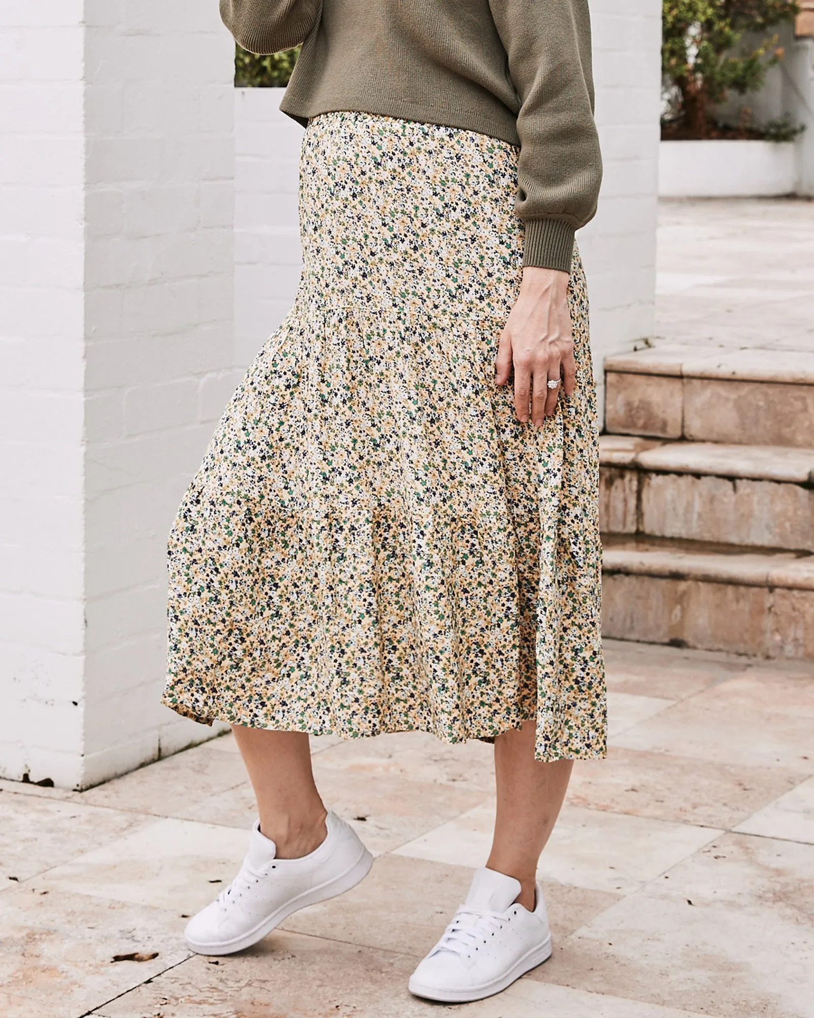 Radiant Yellow Floral Print 2-in-1 Maternity Maxi Skirt by Ellie
