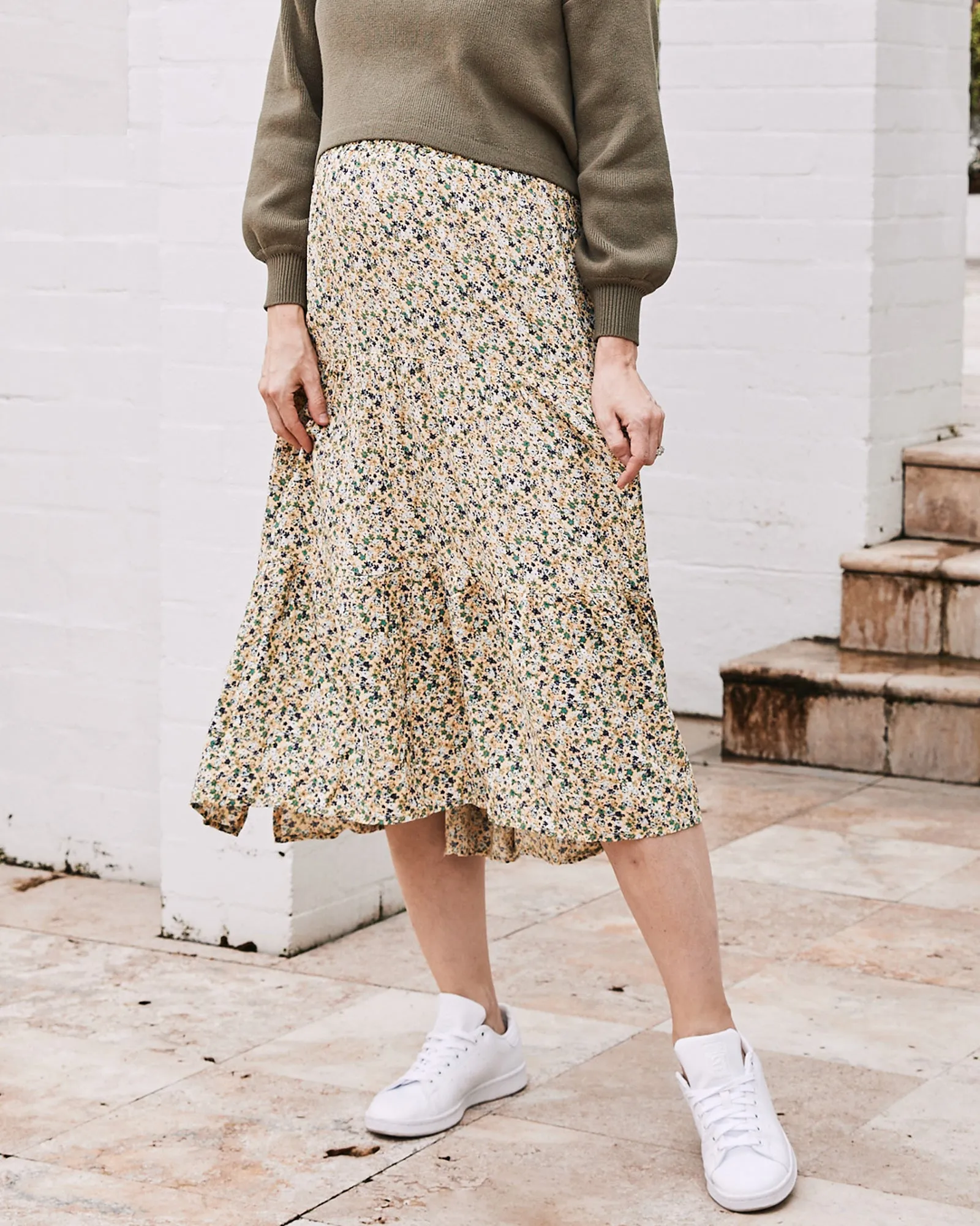Radiant Yellow Floral Print 2-in-1 Maternity Maxi Skirt by Ellie