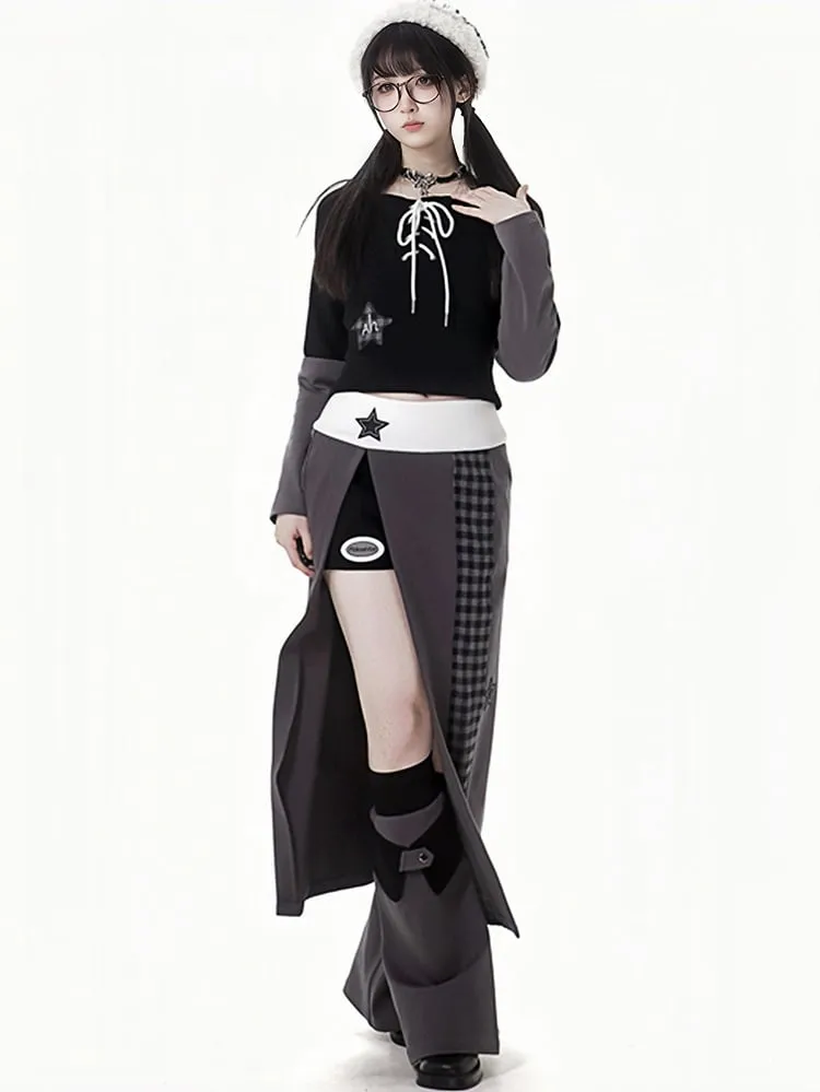 Gray-purple Star Appliques Thigh-high Slit Plaid Pattern Long Skirt