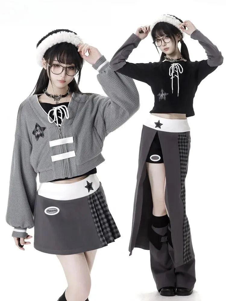 Gray-purple Star Appliques Thigh-high Slit Plaid Pattern Long Skirt