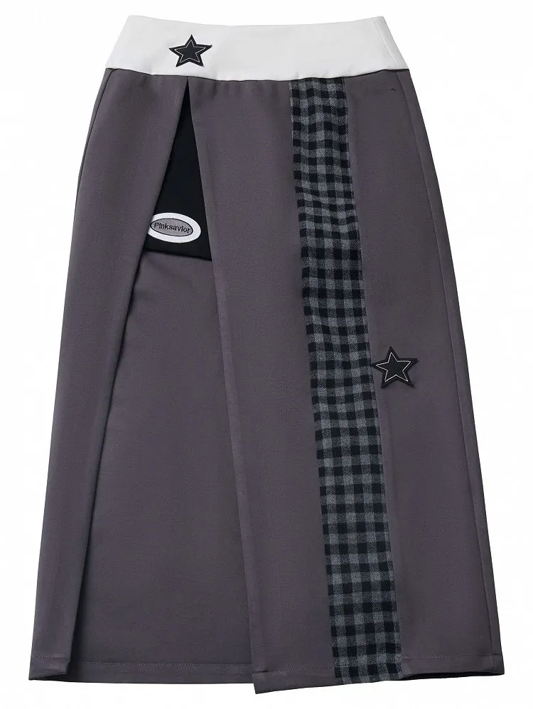 Gray-purple Star Appliques Thigh-high Slit Plaid Pattern Long Skirt