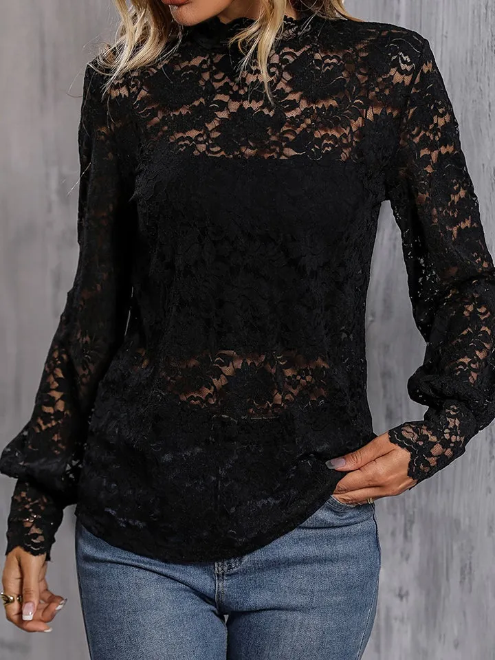 Elegant Lace-Embellished Mock Neck Blouse