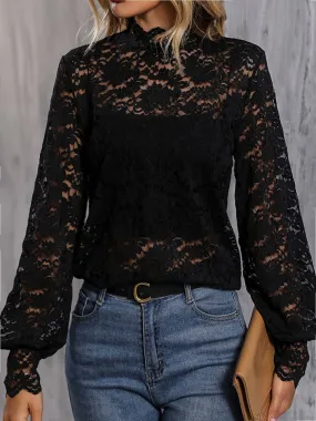Elegant Lace-Embellished Mock Neck Blouse