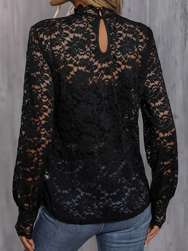 Elegant Lace-Embellished Mock Neck Blouse