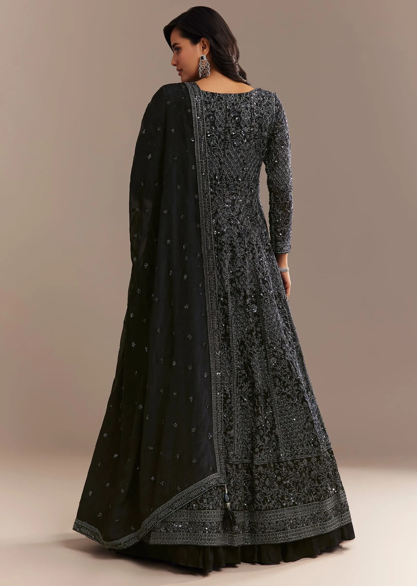 Navy Blue Sequined High Slit Kurta Lehenga Set
