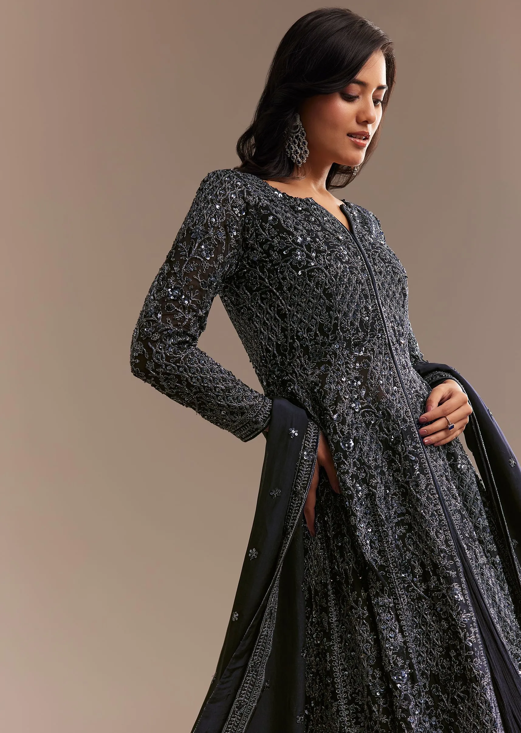 Navy Blue Sequined High Slit Kurta Lehenga Set
