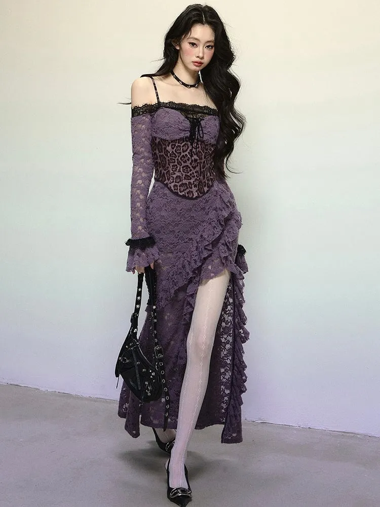 Purple Leopard Corset Bodice High Slit Flounce Hem Mermaid Skirt Off Shoulder Lace Dress Evening Gown