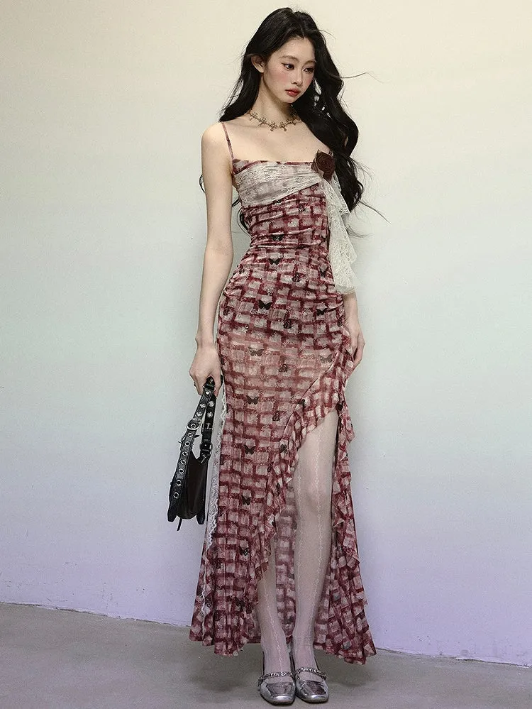 Red Plaid Thigh-high Slit Flounce Hem Summer Cami Dress