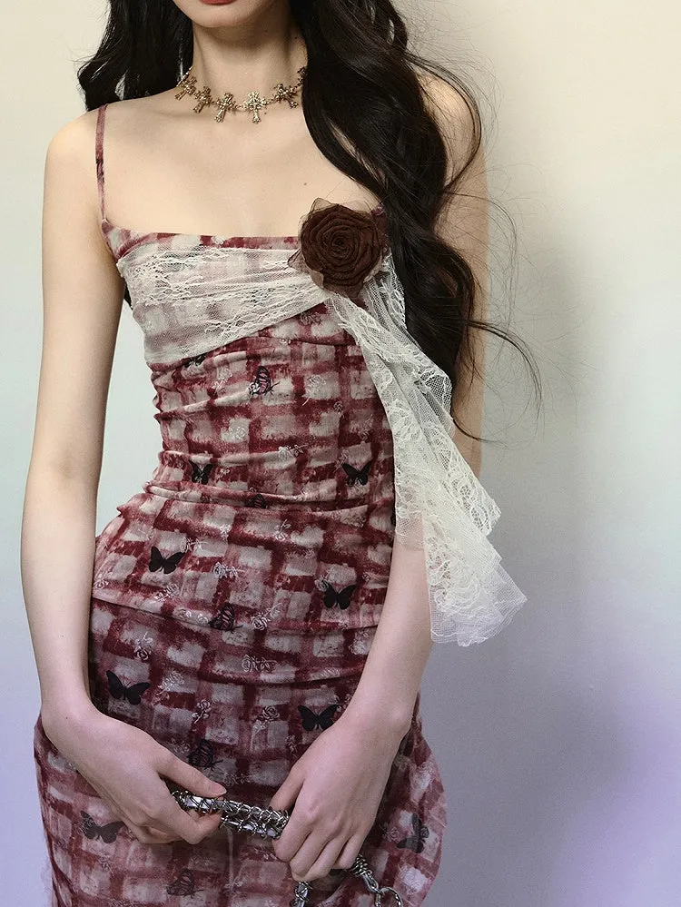Red Plaid Thigh-high Slit Flounce Hem Summer Cami Dress