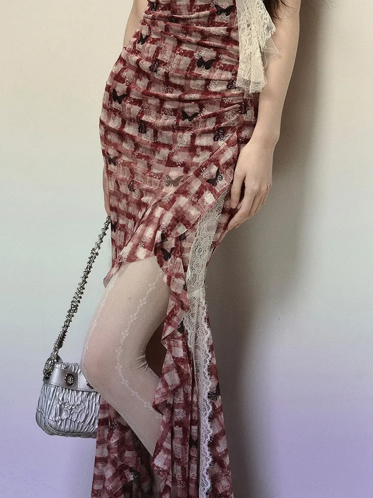 Red Plaid Thigh-high Slit Flounce Hem Summer Cami Dress