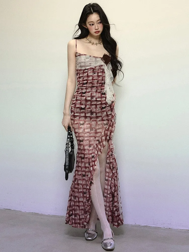 Red Plaid Thigh-high Slit Flounce Hem Summer Cami Dress