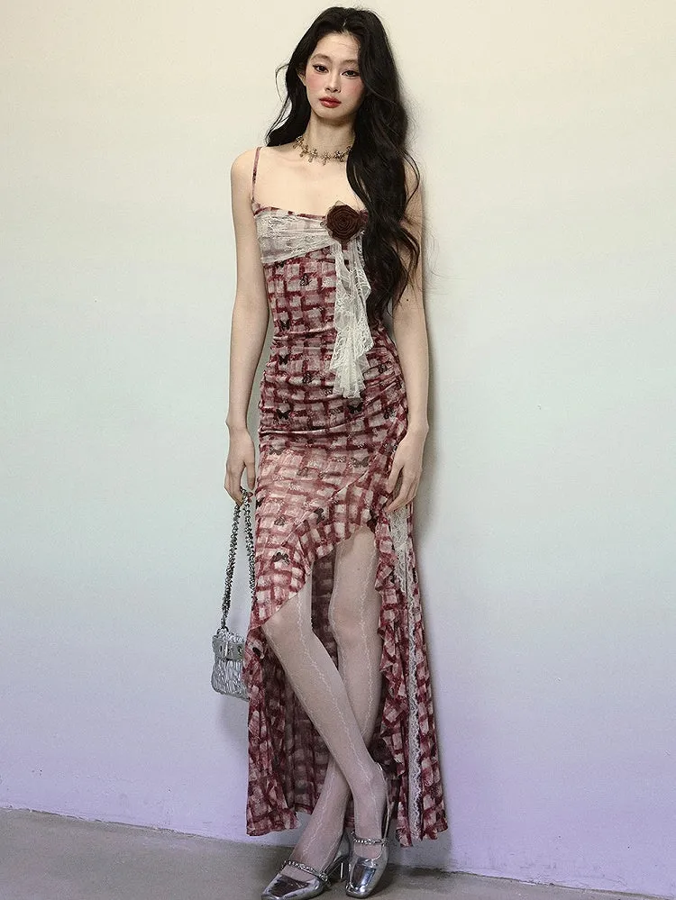 Red Plaid Thigh-high Slit Flounce Hem Summer Cami Dress