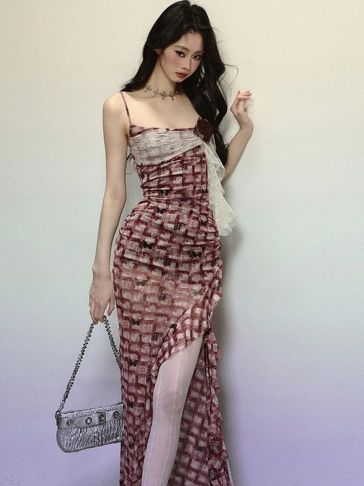 Red Plaid Thigh-high Slit Flounce Hem Summer Cami Dress