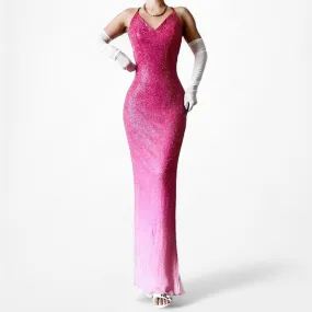 Vintage Pink Silk Beaded Ombre Bodycon Maxi Cocktail Formal Dress Size S