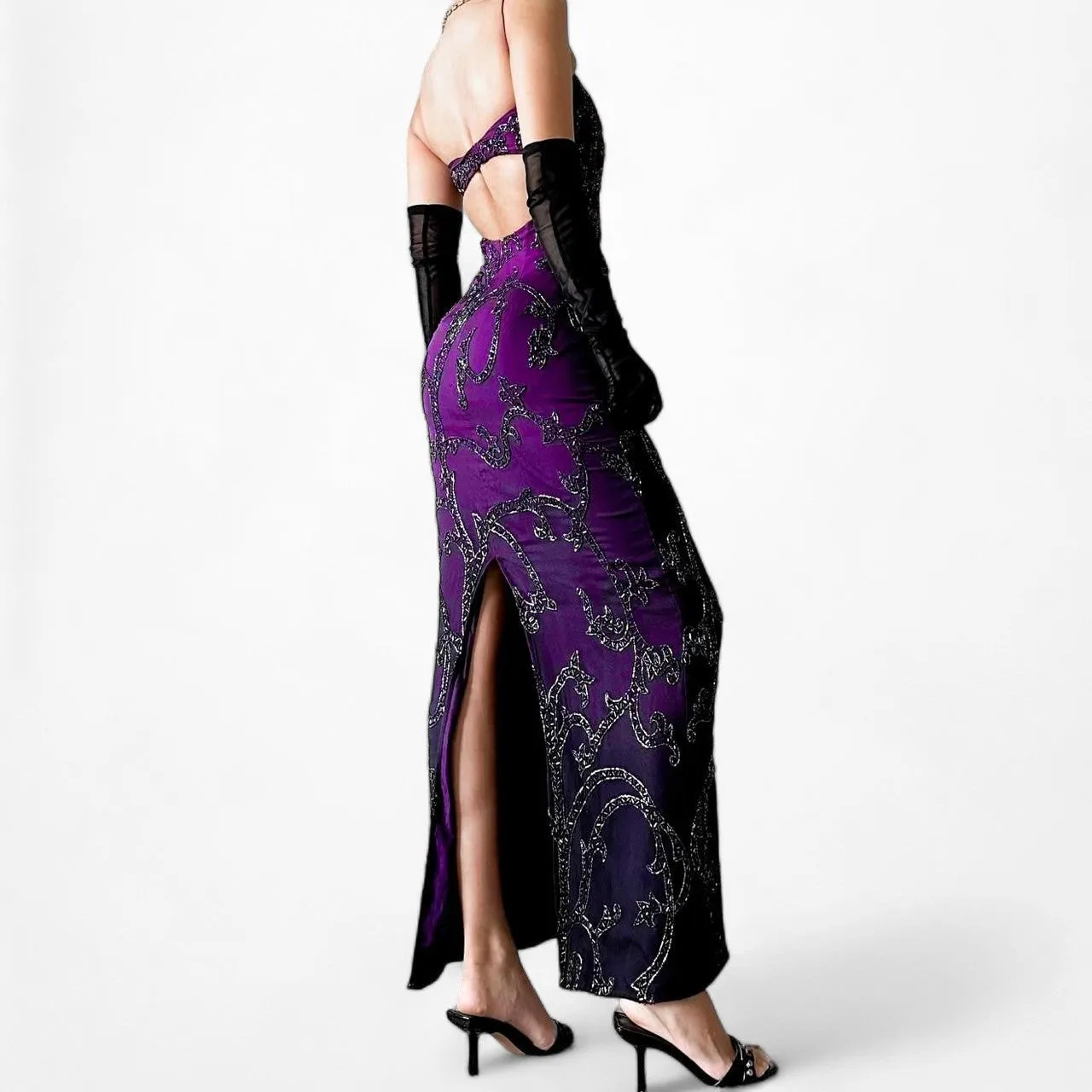 Vintage Purple Black Beaded Ombre Silk Maxi Midi Bodycon Prom Dress Size XS