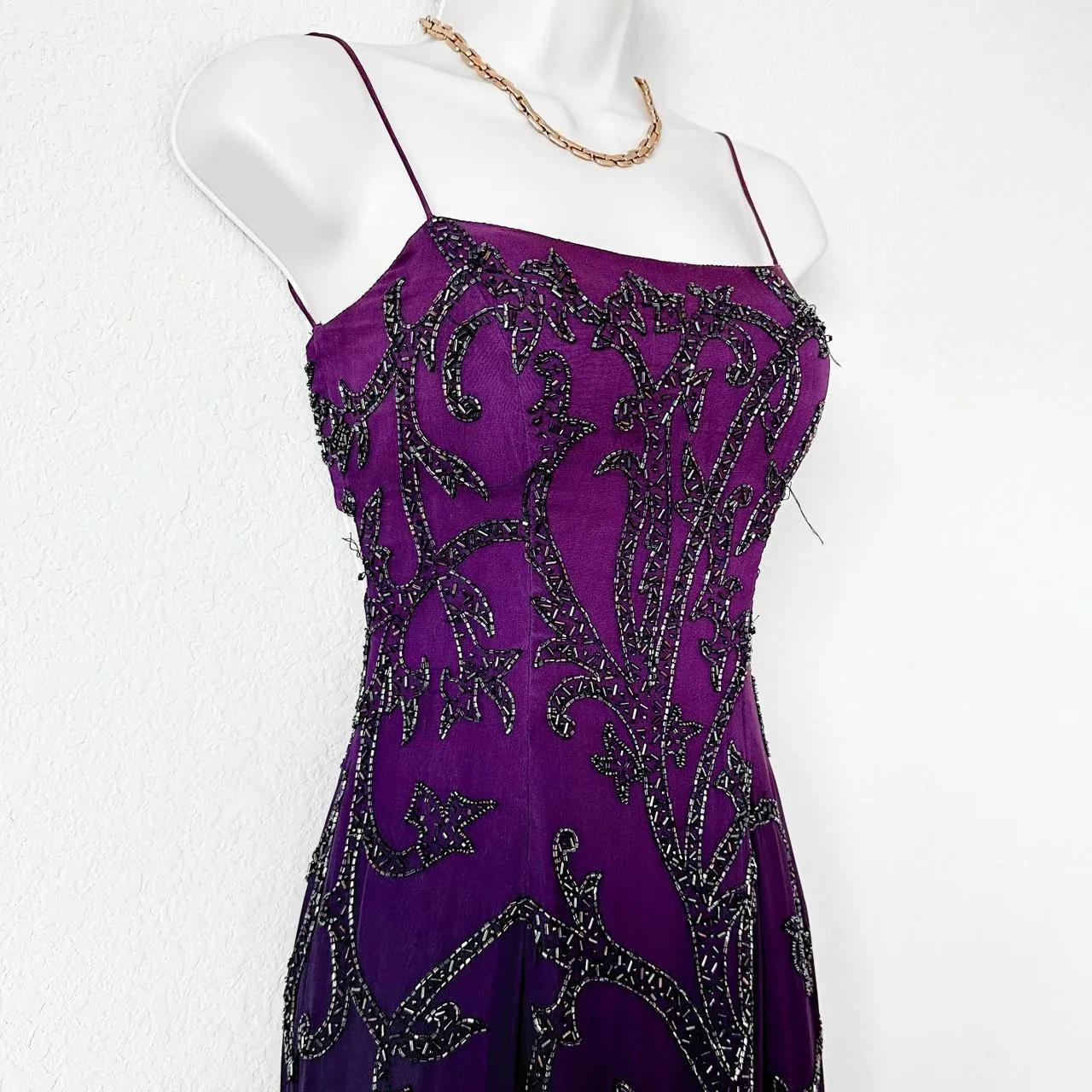 Vintage Purple Black Beaded Ombre Silk Maxi Midi Bodycon Prom Dress Size XS