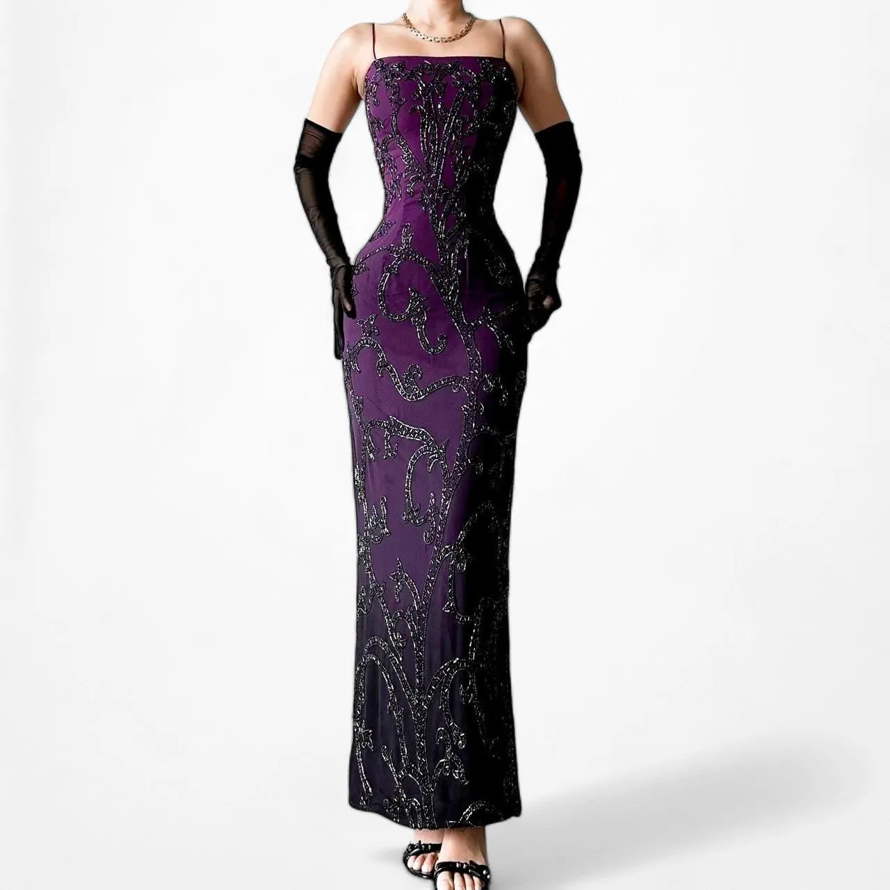 Vintage Purple Black Beaded Ombre Silk Maxi Midi Bodycon Prom Dress Size XS