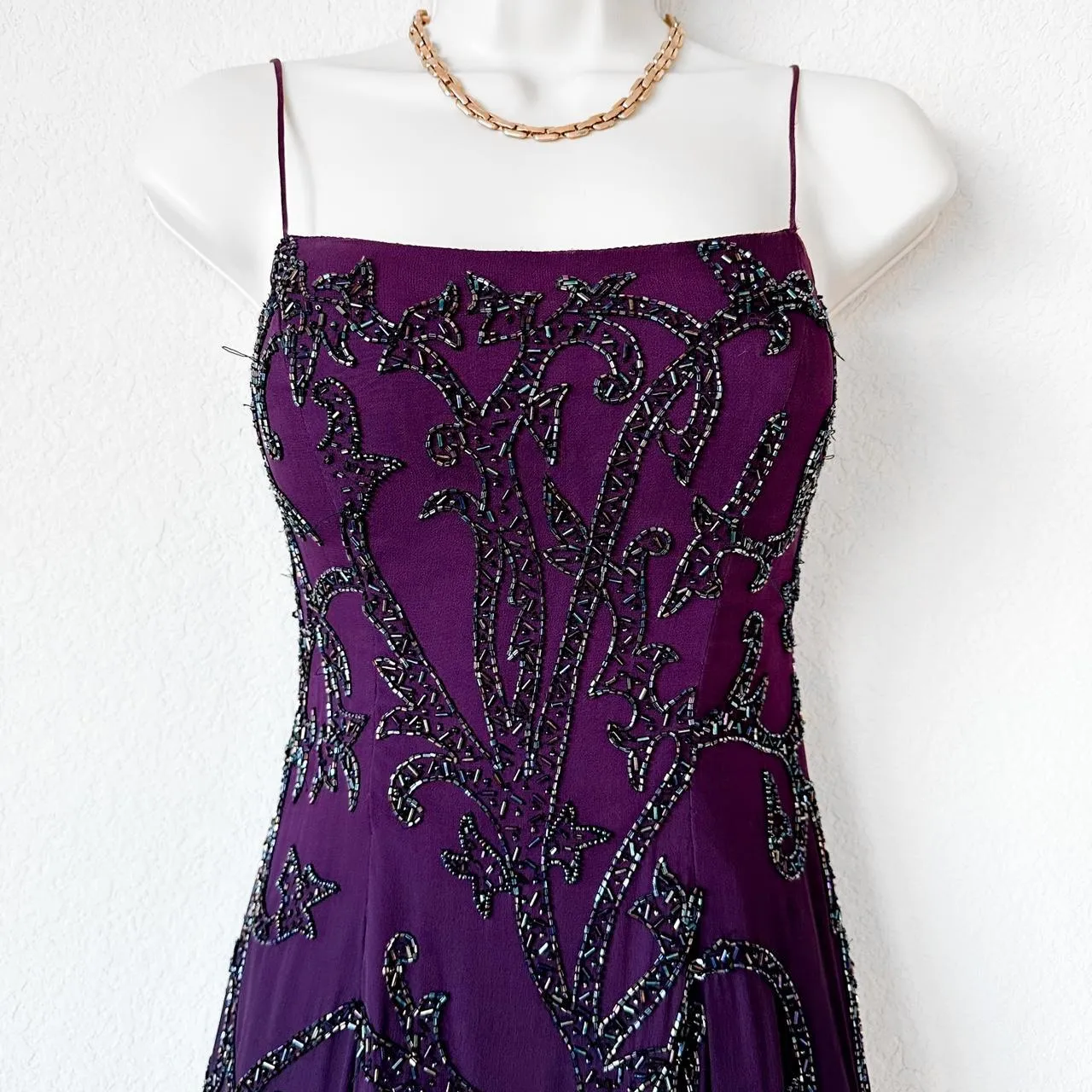 Vintage Purple Black Beaded Ombre Silk Maxi Midi Bodycon Prom Dress Size XS