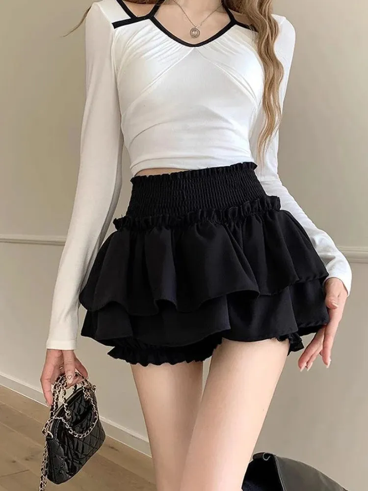 White Ruffle Mini Skirt with Elastic Waist